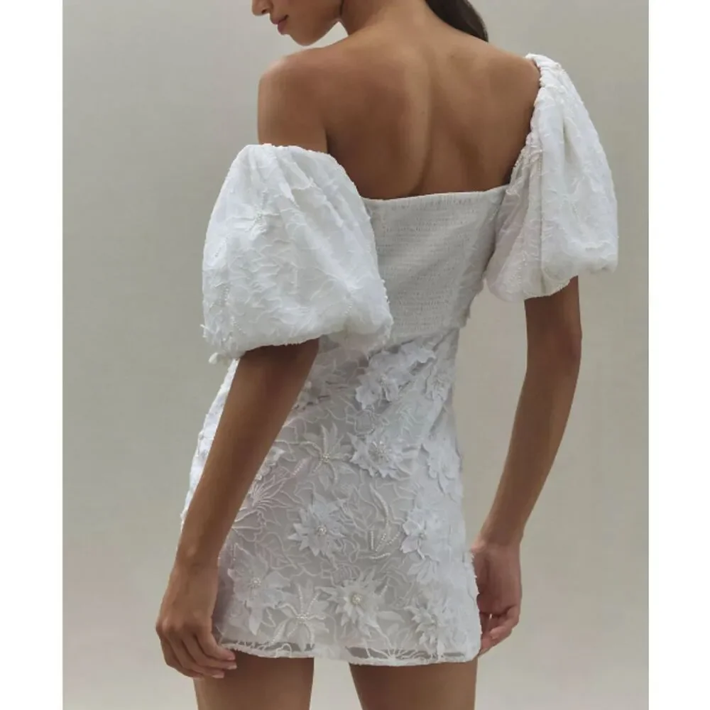 ~ BHLDN Lg 2in1 Mini Dress 3D Floral, Removable Puff-Sleeve Large Wedding Bridal - Picture 3 of 16